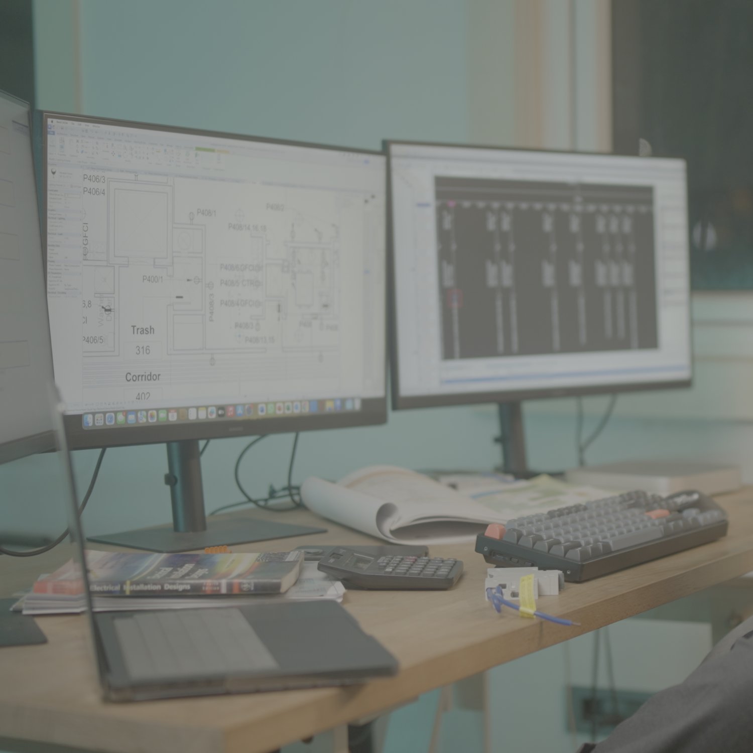 A dual-monitor workstation showing an electrical installation floor plan and design software