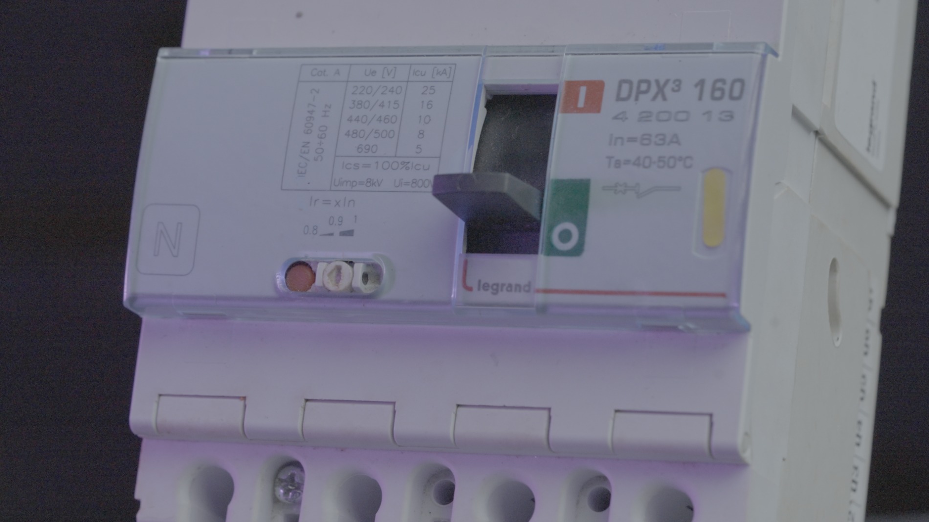 Legrand DPX3 160 moulded-case circuit breaker showing its ratings label