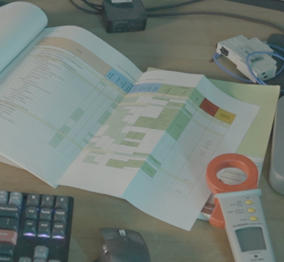 A printed electrical installation test schedule open on a desk beside a keyboard and clamp meter