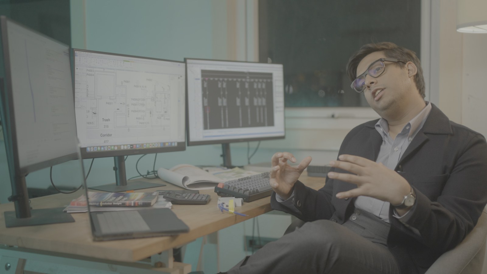 A ProtegoPlus specialist discussing an electrical installation design at a workstation